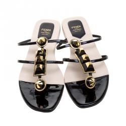 Pre Owned Fendi Gold Edition Black Patent Leather Studded Flats Size 40