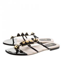 Pre Owned Fendi Gold Edition Black Patent Leather Studded Flats Size 40