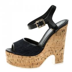 Pre Owned Fendi Black/Navy Blue Leather and Denim Cork Platform Sandals Size 37.5