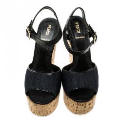 Pre Owned Fendi Black/Navy Blue Leather and Denim Cork Platform Sandals Size 37.5