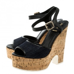 Pre Owned Fendi Black/Navy Blue Leather and Denim Cork Platform Sandals Size 37.5