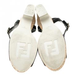 Pre Owned Fendi Black/Navy Blue Leather and Denim Cork Platform Sandals Size 37.5