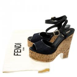 Pre Owned Fendi Black/Navy Blue Leather and Denim Cork Platform Sandals Size 37.5