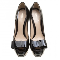 Pre Owned Fendi Black Patent Leather Deco Peep Toe Bow Platform Pumps Size 38