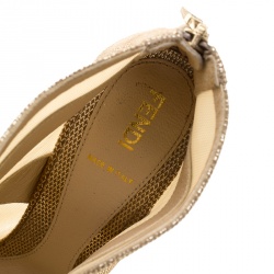 Pre Owned Fendi Metallic Gold Suede and Mesh Peep Toe Ankle Booties Size 38.5