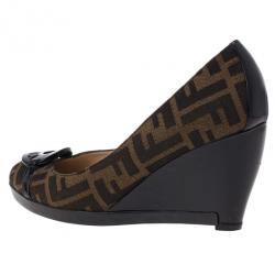Pre Owned Fendi Tobacco Zucca Canvas Logo Plate Wedges Size 38