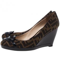 Pre Owned Fendi Tobacco Zucca Canvas Logo Plate Wedges Size 38
