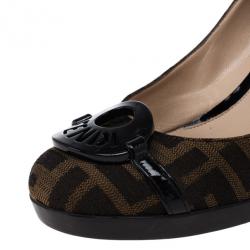 Pre Owned Fendi Tobacco Zucca Canvas Logo Plate Wedges Size 38