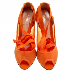 Pre Owned Fendi Orange Mesh And Leather Ankle Wrap Cut Out Wedge Pumps Size 37