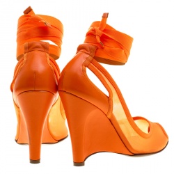 Pre Owned Fendi Orange Mesh And Leather Ankle Wrap Cut Out Wedge Pumps Size 37