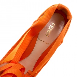 Pre Owned Fendi Orange Mesh And Leather Ankle Wrap Cut Out Wedge Pumps Size 37