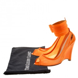Pre Owned Fendi Orange Mesh And Leather Ankle Wrap Cut Out Wedge Pumps Size 37