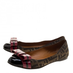 Pre Owned Fendi Tobacco Zucca Canvas and Leather Bow Ballet Flats Size 37.5