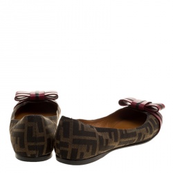 Pre Owned Fendi Tobacco Zucca Canvas and Leather Bow Ballet Flats Size 37.5