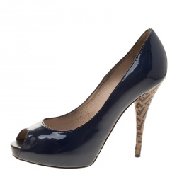Pre Owned Fendi Blue Patent Leather Zucchino Heel Peep Toe Pumps Size 38