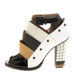 Pre Owned Fendi Tricolor Lizard Leather Peep Toe Ankle Booties Size 37.5