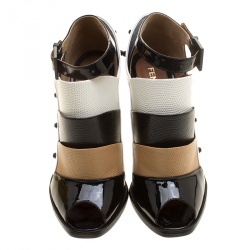 Pre Owned Fendi Tricolor Lizard Leather Peep Toe Ankle Booties Size 37.5