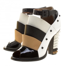 Pre Owned Fendi Tricolor Lizard Leather Peep Toe Ankle Booties Size 37.5