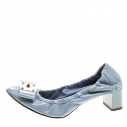 Pre Owned Fendi Powder Blue Patent Leather Bow Detail Block Heel Scrunch Pumps Size 37.5