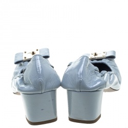 Pre Owned Fendi Powder Blue Patent Leather Bow Detail Block Heel Scrunch Pumps Size 37.5