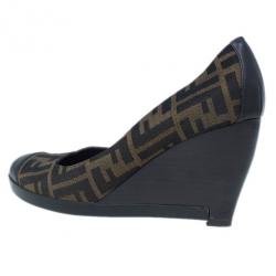 Pre Owned Fendi Zucca Canvas Cap Toe Wedge Pumps Size 40