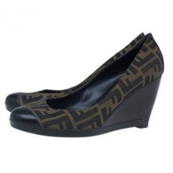 Pre Owned Fendi Zucca Canvas Cap Toe Wedge Pumps Size 40