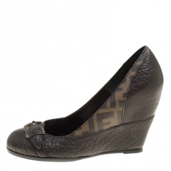 Pre Owned Fendi Dark Brown Leather and Zucca Canvas Buckle Detail Wedge Pumps Size 36