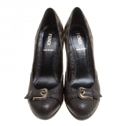 Pre Owned Fendi Dark Brown Leather and Zucca Canvas Buckle Detail Wedge Pumps Size 36