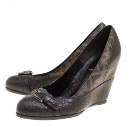 Pre Owned Fendi Dark Brown Leather and Zucca Canvas Buckle Detail Wedge Pumps Size 36