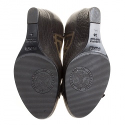 Pre Owned Fendi Dark Brown Leather and Zucca Canvas Buckle Detail Wedge Pumps Size 36