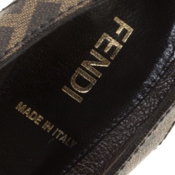 Pre Owned Fendi Dark Brown Leather and Zucca Canvas Buckle Detail Wedge Pumps Size 36