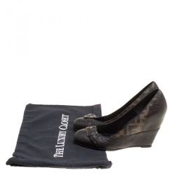 Pre Owned Fendi Dark Brown Leather and Zucca Canvas Buckle Detail Wedge Pumps Size 36