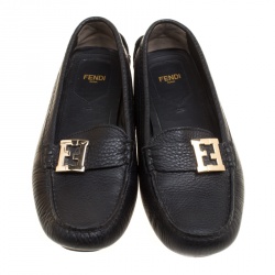 Pre Owned Fendi Black Leather Logo Loafers Size 38