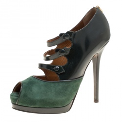Pre Owned Fendi Green Suede And Leather Peep Toe Platform Pumps Size 39.5