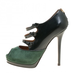 Pre Owned Fendi Green Suede And Leather Peep Toe Platform Pumps Size 39.5