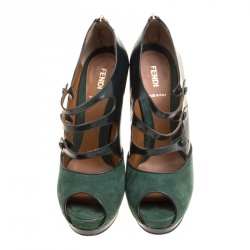 Pre Owned Fendi Green Suede And Leather Peep Toe Platform Pumps Size 39.5