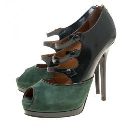 Pre Owned Fendi Green Suede And Leather Peep Toe Platform Pumps Size 39.5