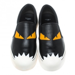 Pre Owned Fendi Black Leather Monster Slip On Sneakers Size 38