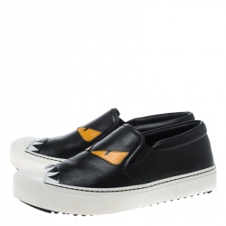 Pre Owned Fendi Black Leather Monster Slip On Sneakers Size 38