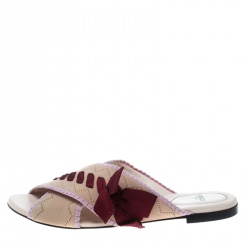 Pre Owned Fendi Beige Knit Fabric with Contrast Bow Cross Strap Peep Toe Flat Slides Size 39