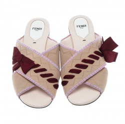 Pre Owned Fendi Beige Knit Fabric with Contrast Bow Cross Strap Peep Toe Flat Slides Size 39