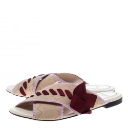 Pre Owned Fendi Beige Knit Fabric with Contrast Bow Cross Strap Peep Toe Flat Slides Size 39