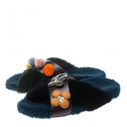 Fendi Multicolor Cross Strap Pom Pom Flat Slides Size 39