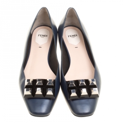 Pre Owned Fendi Navy Blue Leather Studded Ballet Flats Size 39.5