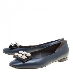 Pre Owned Fendi Navy Blue Leather Studded Ballet Flats Size 39.5