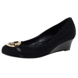 Pre Owned Fendi Black Canvas Logo Plate Wedges Size 37