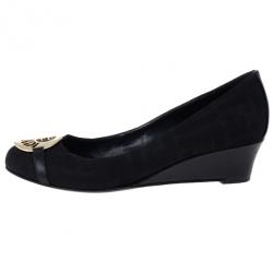 Pre Owned Fendi Black Canvas Logo Plate Wedges Size 37