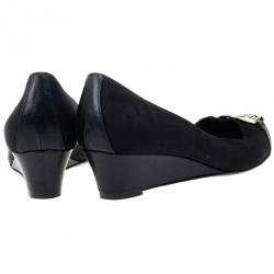Pre Owned Fendi Black Canvas Logo Plate Wedges Size 37