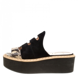 Pre Owned Fendi Black Suede And Python Leather Flowerland Runway Platform Slides Size 38