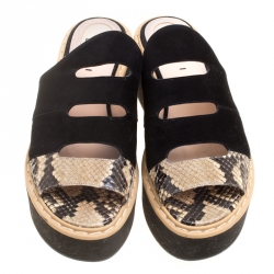 Pre Owned Fendi Black Suede And Python Leather Flowerland Runway Platform Slides Size 38